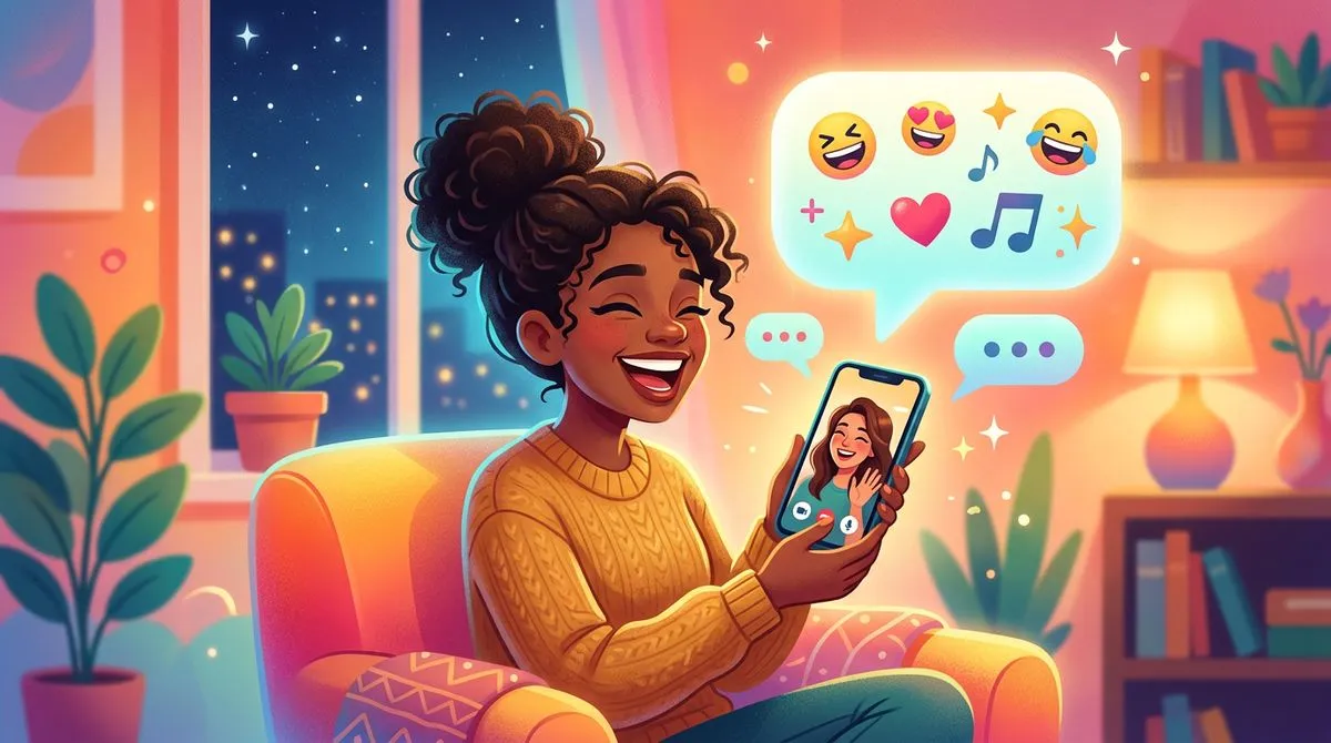 友達とスマートフォンでリアルに英語チャットをしている様子のイラスト