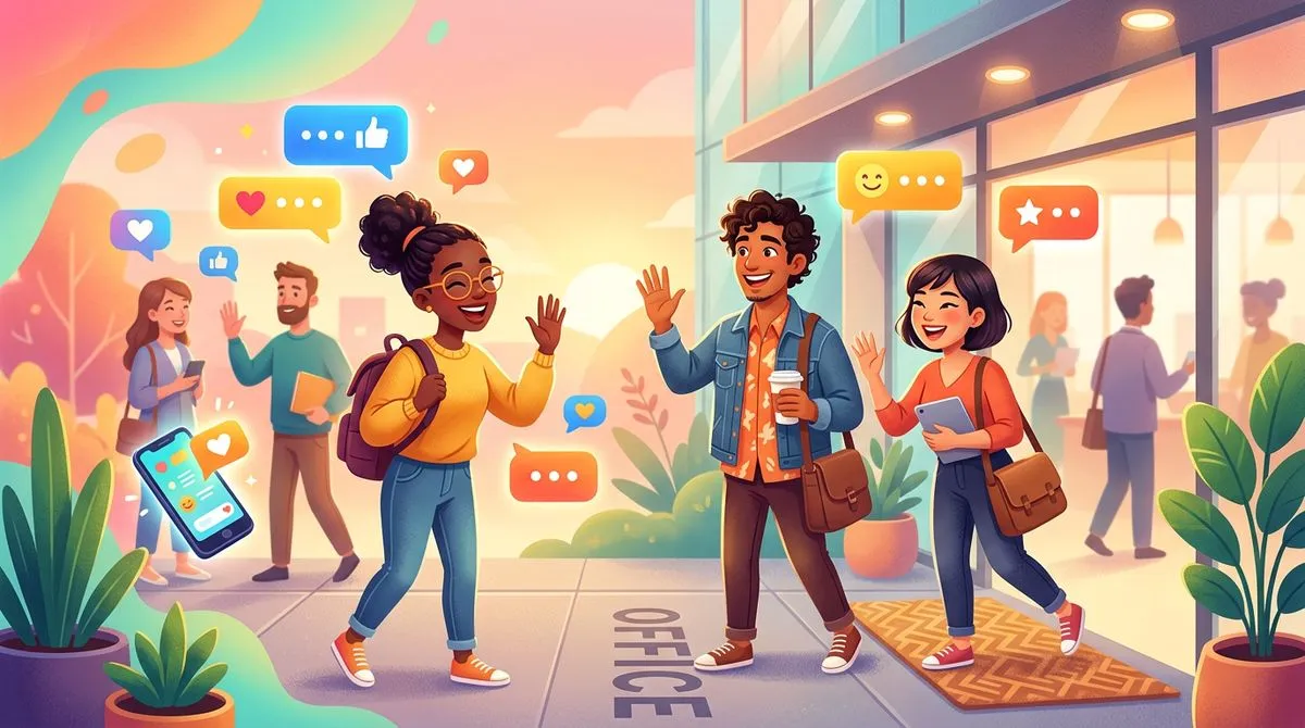 オフィス入口で同僚と明るく挨拶を交わす人々のイラスト