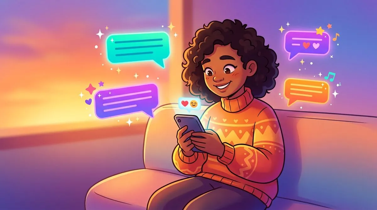 スマホで嬉しいメッセージを読んで感動している人のイラスト