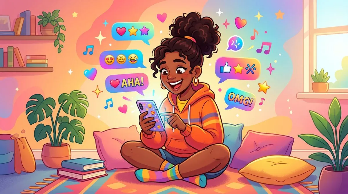 スマホでチャットしながら表情豊かにリアクションしている人のイラスト