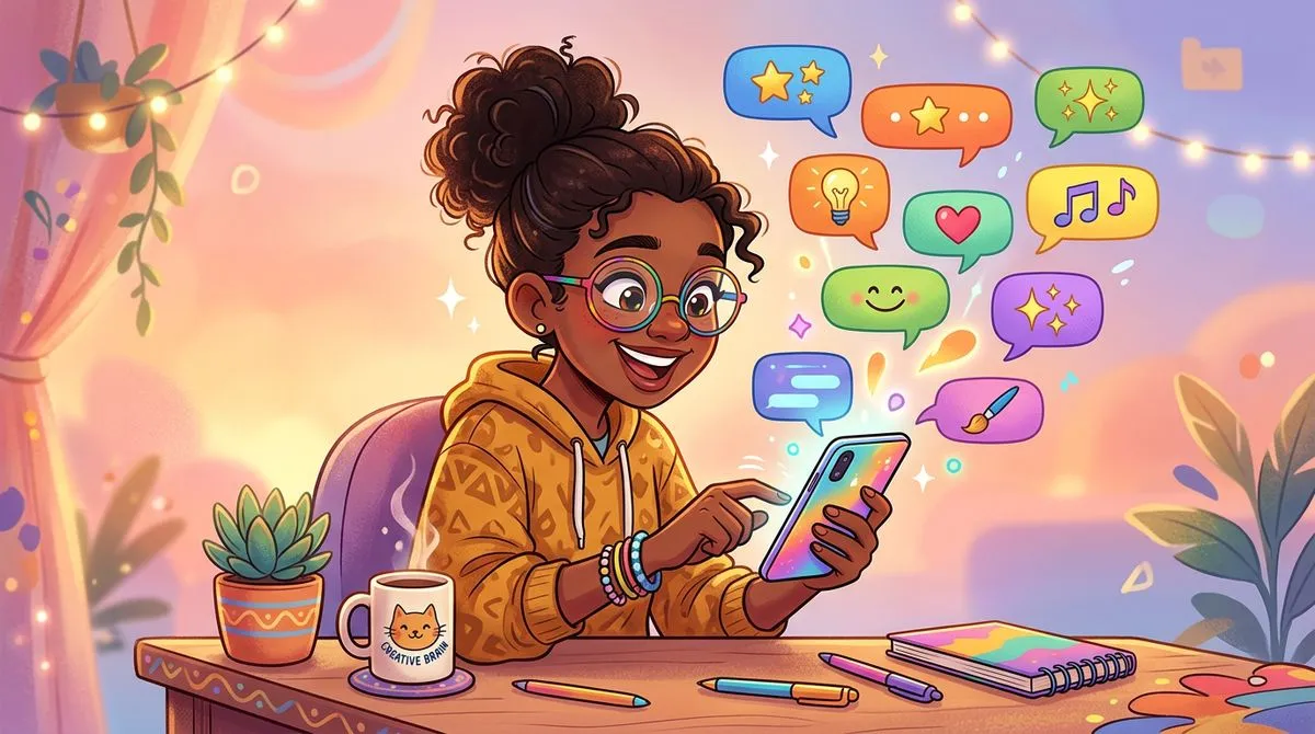 スマホでチャットをしながら表情豊かに返事を入力する人のイラスト