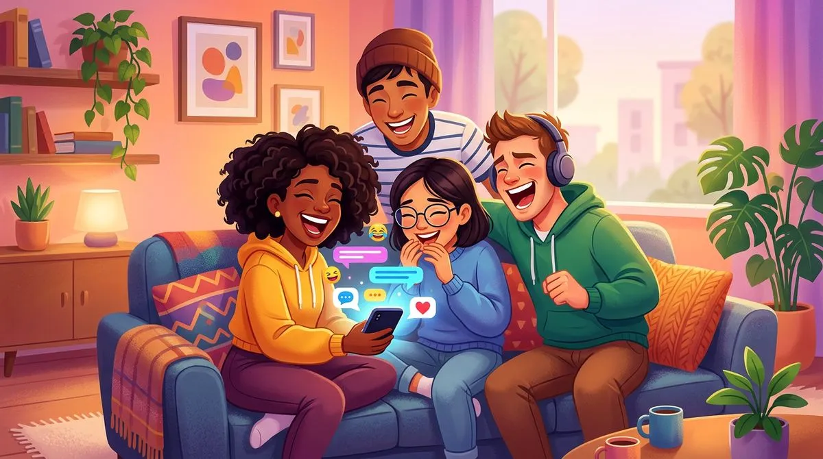 スマホを見て大笑いしている人のイラスト