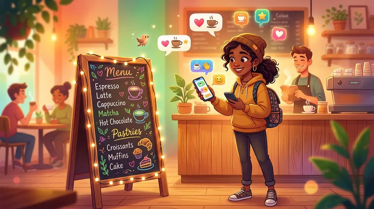 カフェのメニューを眺めながら注文を考えるイラスト