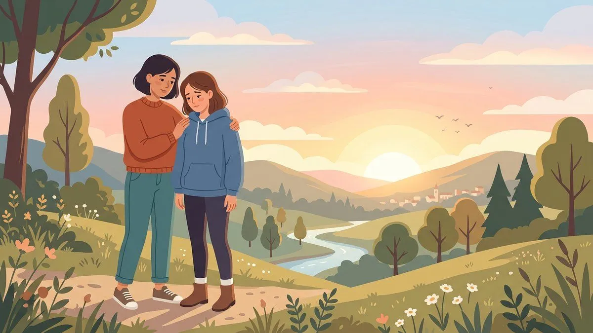 落ち込んだ友達を優しく励ますシーンのイラスト