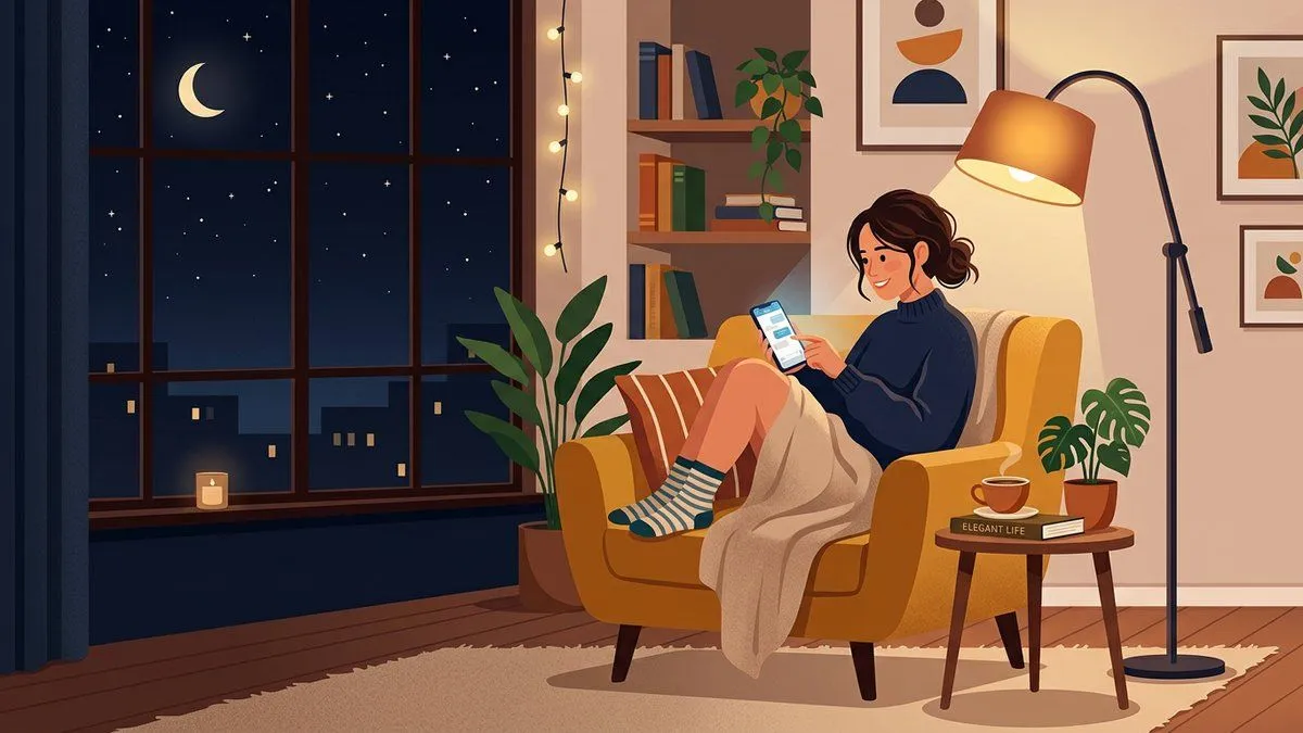 おしゃれな一言メッセージを送る夜のシーンのイラスト