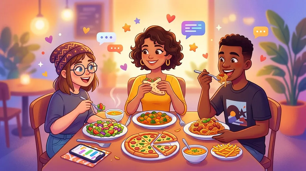 仲良くレストランを選んで喜んでいる友達のイラスト