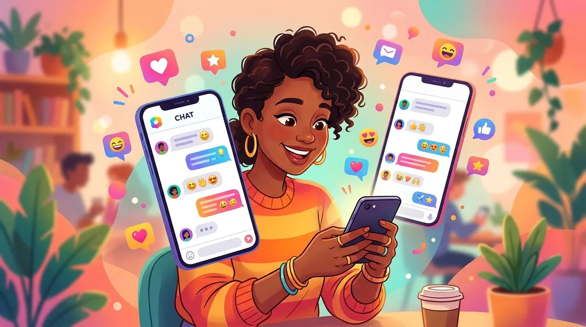 スマートフォンのチャット画面に浮かぶカラフルな絵文字のイラスト