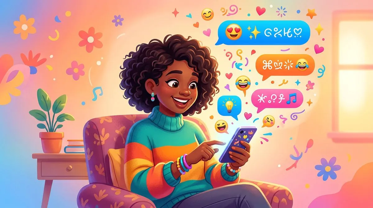 顔文字を使ってチャットを楽しむ人のイラスト