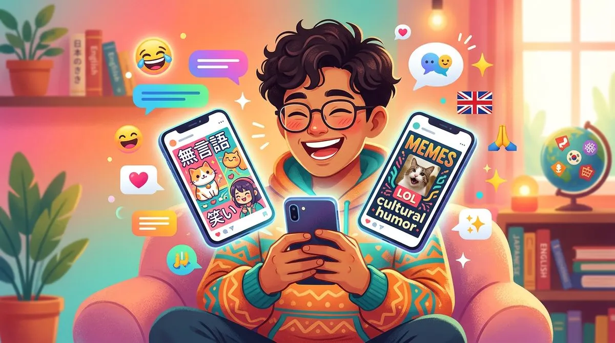 日英混在のチャット画面を見て笑っている人のイラスト