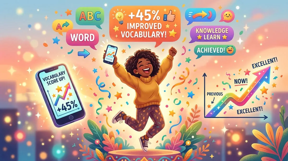 フラッシュカードとアプリを使って語彙を整理しながら勉強している人のイラスト