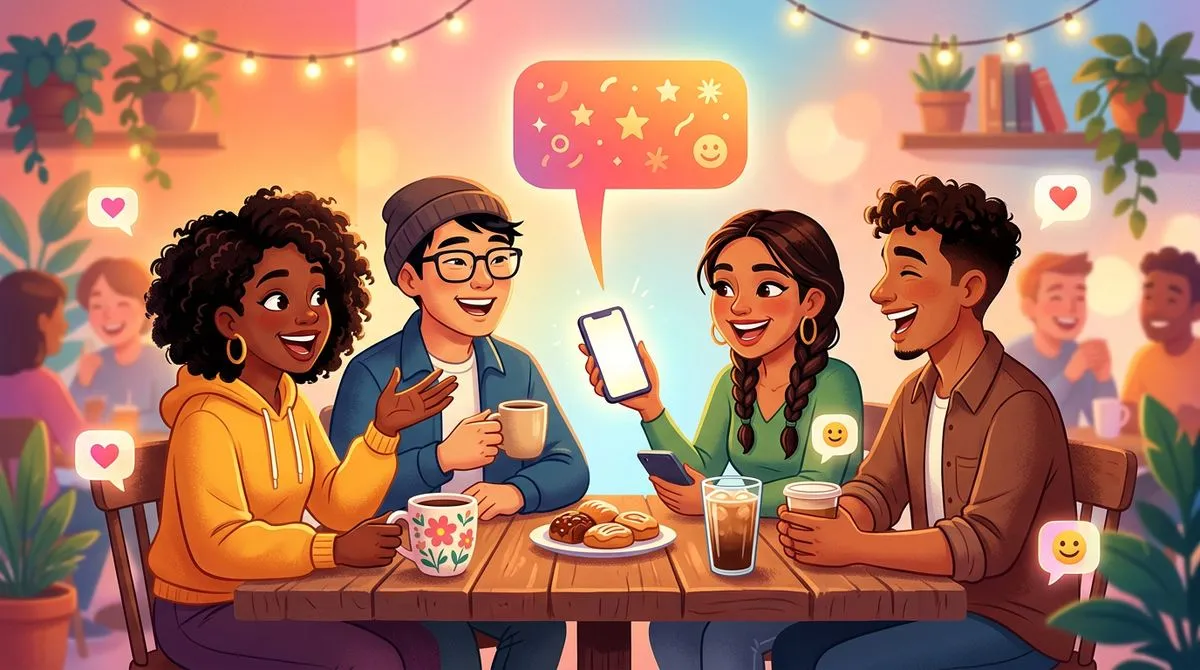 カフェで無事に合流した友達同士のイラスト