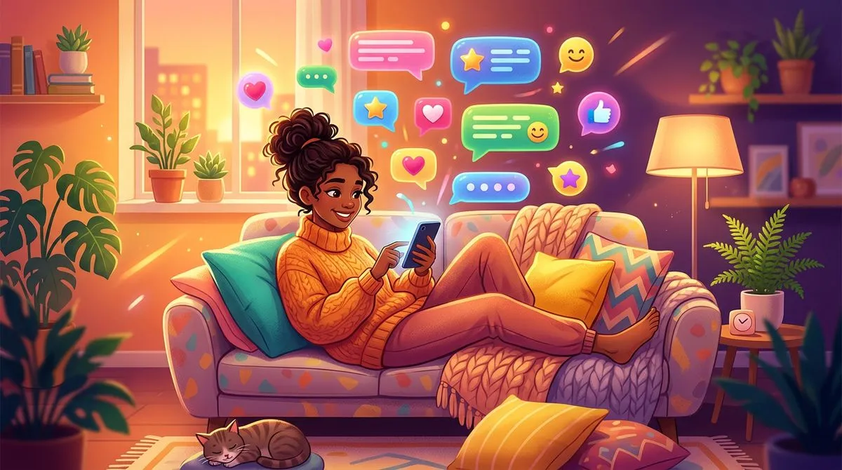 一日が終わってスマホで友達にメッセージを送るイラスト