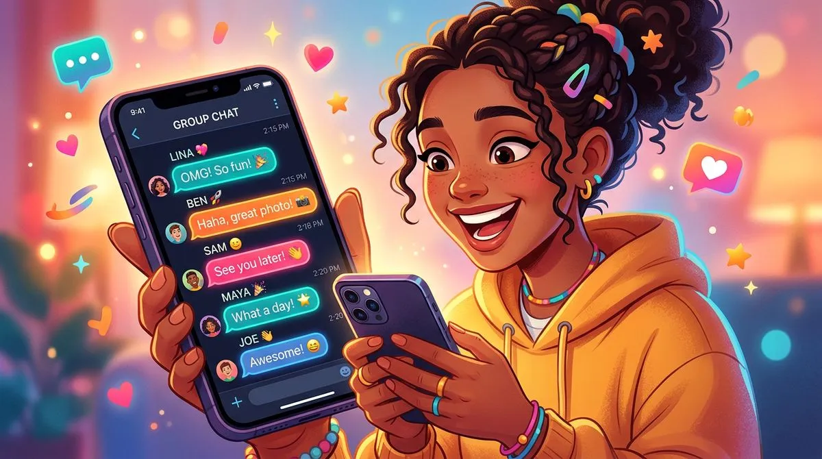 グループチャットでカラフルなメッセージが飛び交うスマートフォンのイラスト