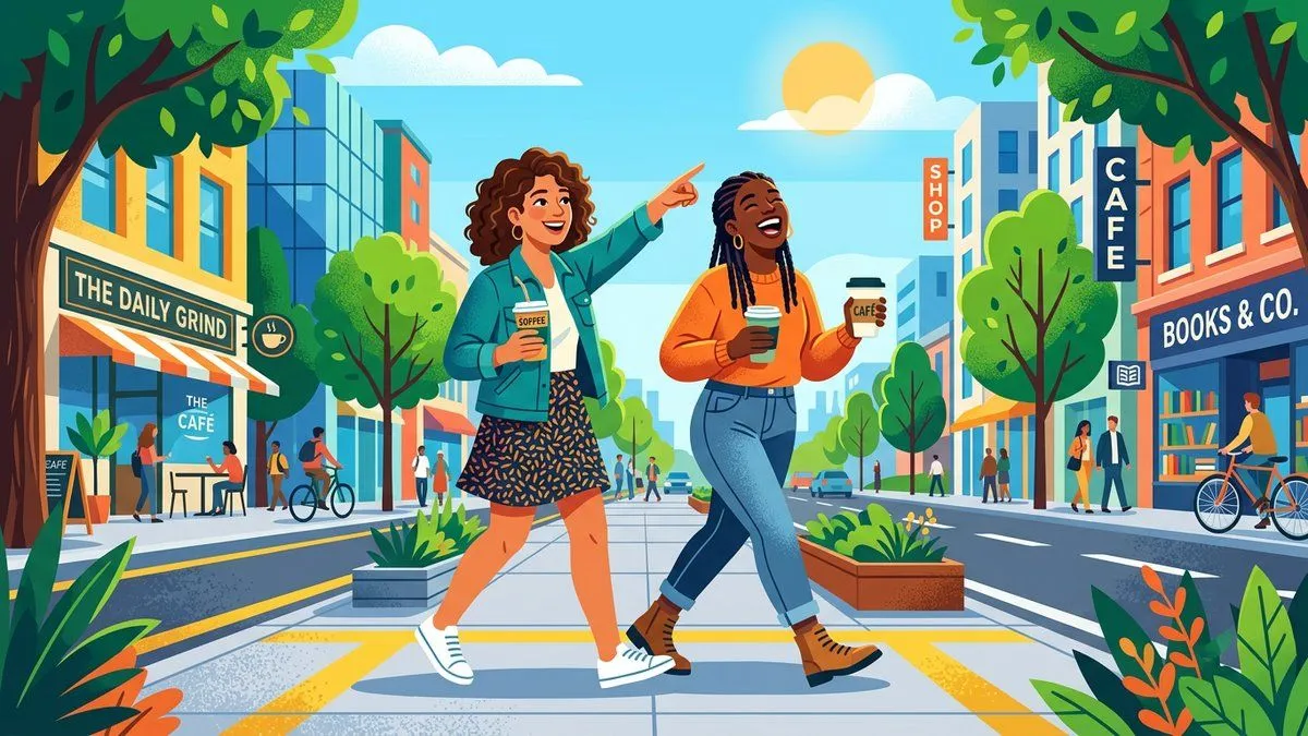 友達と楽しくお出かけするシーンのイラスト