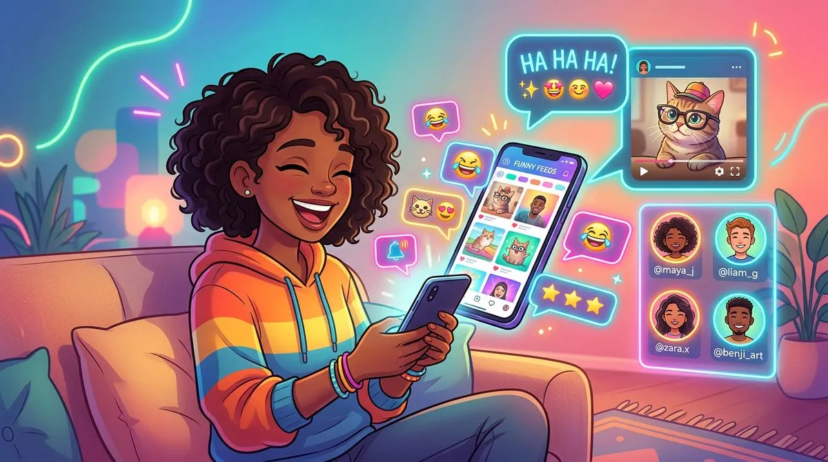 スマホで面白いコンテンツを見て笑っている若者のイラスト