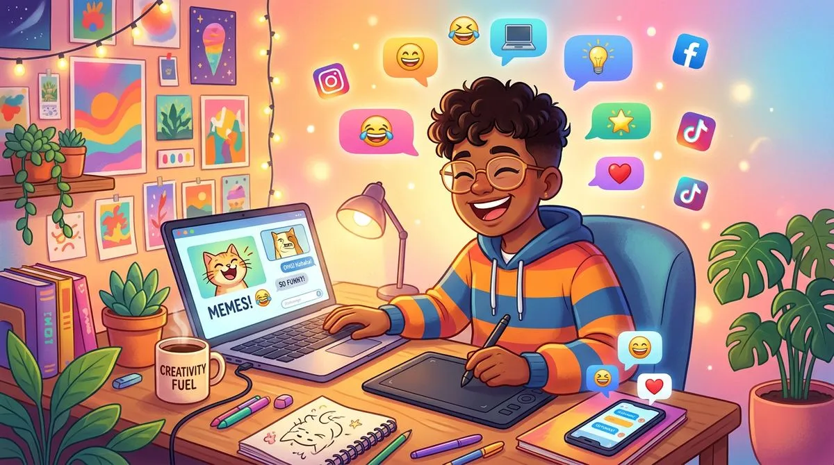 フレンズとオンラインで面白いコンテンツをシェアしているイラスト